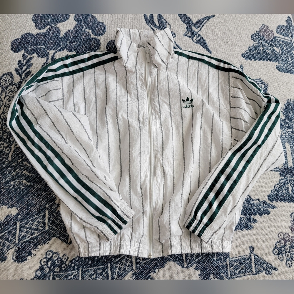 Adidas White Green Baseball Style Nylon Jacket with Green Stripes Size XS